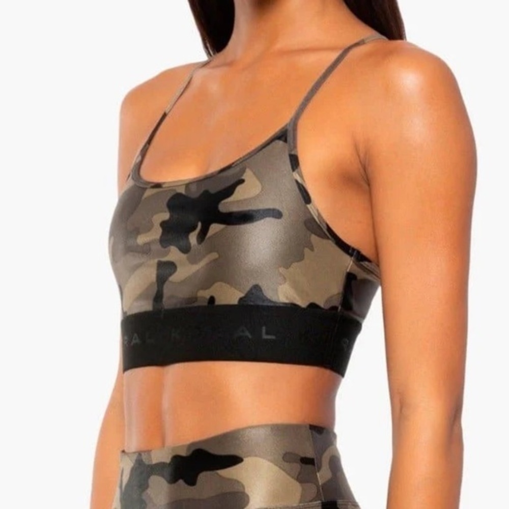 Koral Olive Green Brown Camo Sweeper Infinity Sports Bra Size XS NWOT